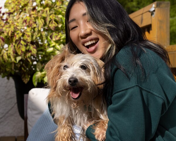 Un câine mic cu părintele animal de companie