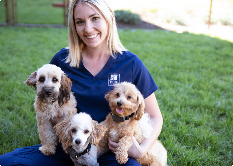 Text: profesionist Hill's Pet ținând trei cățeluși în poală